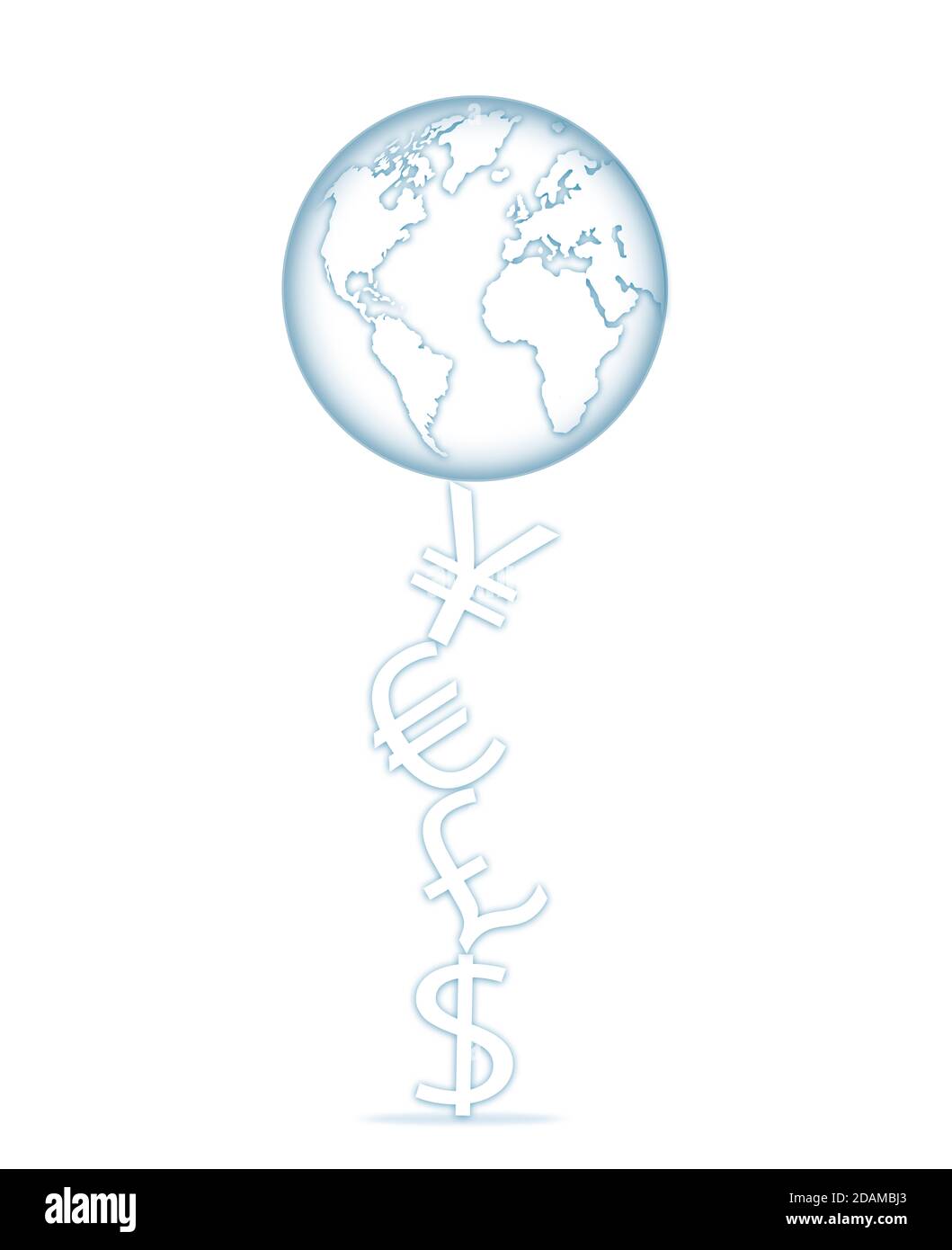 Earth balancing on currency symbols, illustration. Stock Photo