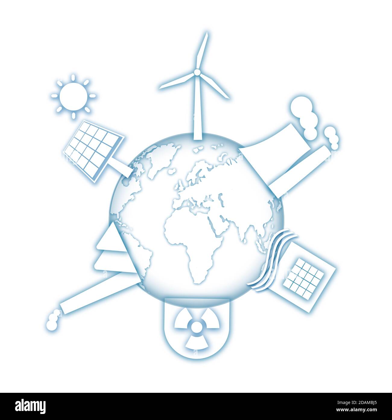 Earth surrounded by all types of power station, illustration. Stock Photo