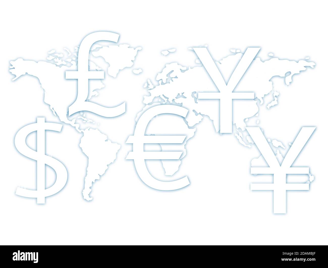 World map with currency symbols, illustration. Stock Photo