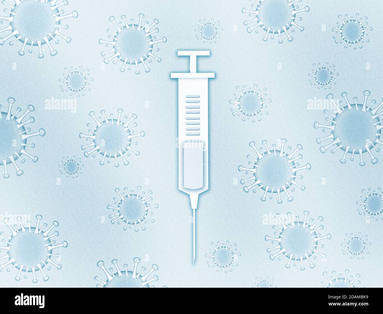 Syringe surrounded by covid-19 viruses, illustration. Stock Photo