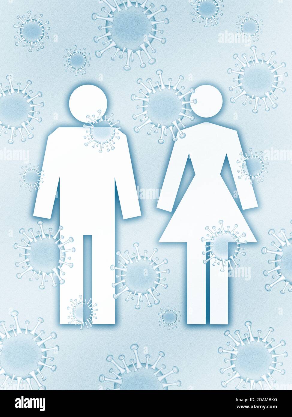 Man and woman surrounded by covid-19 viruses, illustration. Stock Photo
