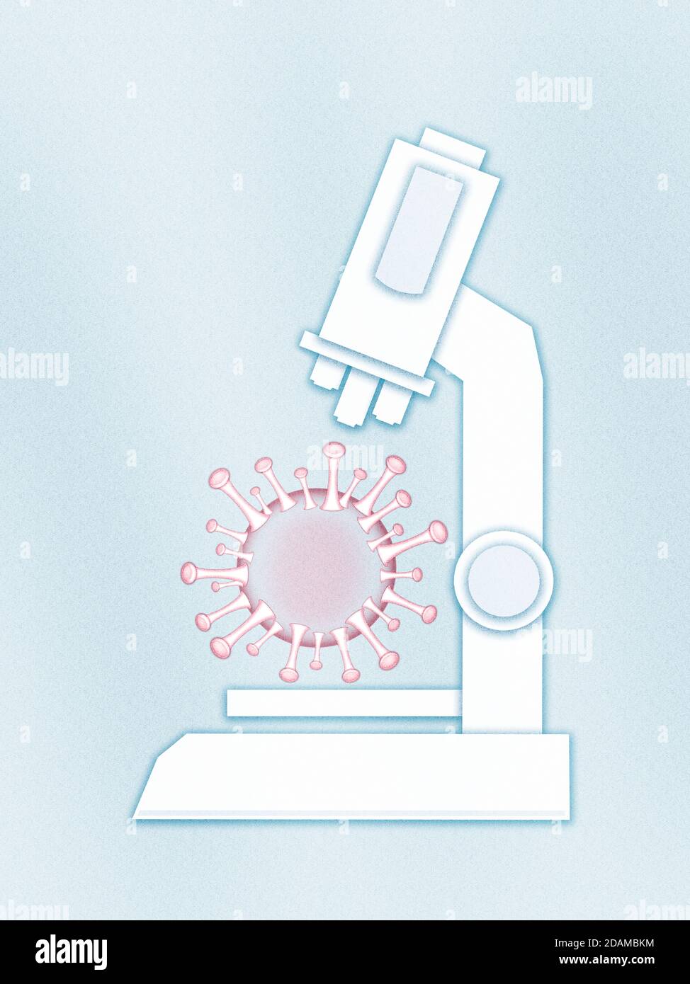 Microscope with covid-19 virus, illustration. Stock Photo