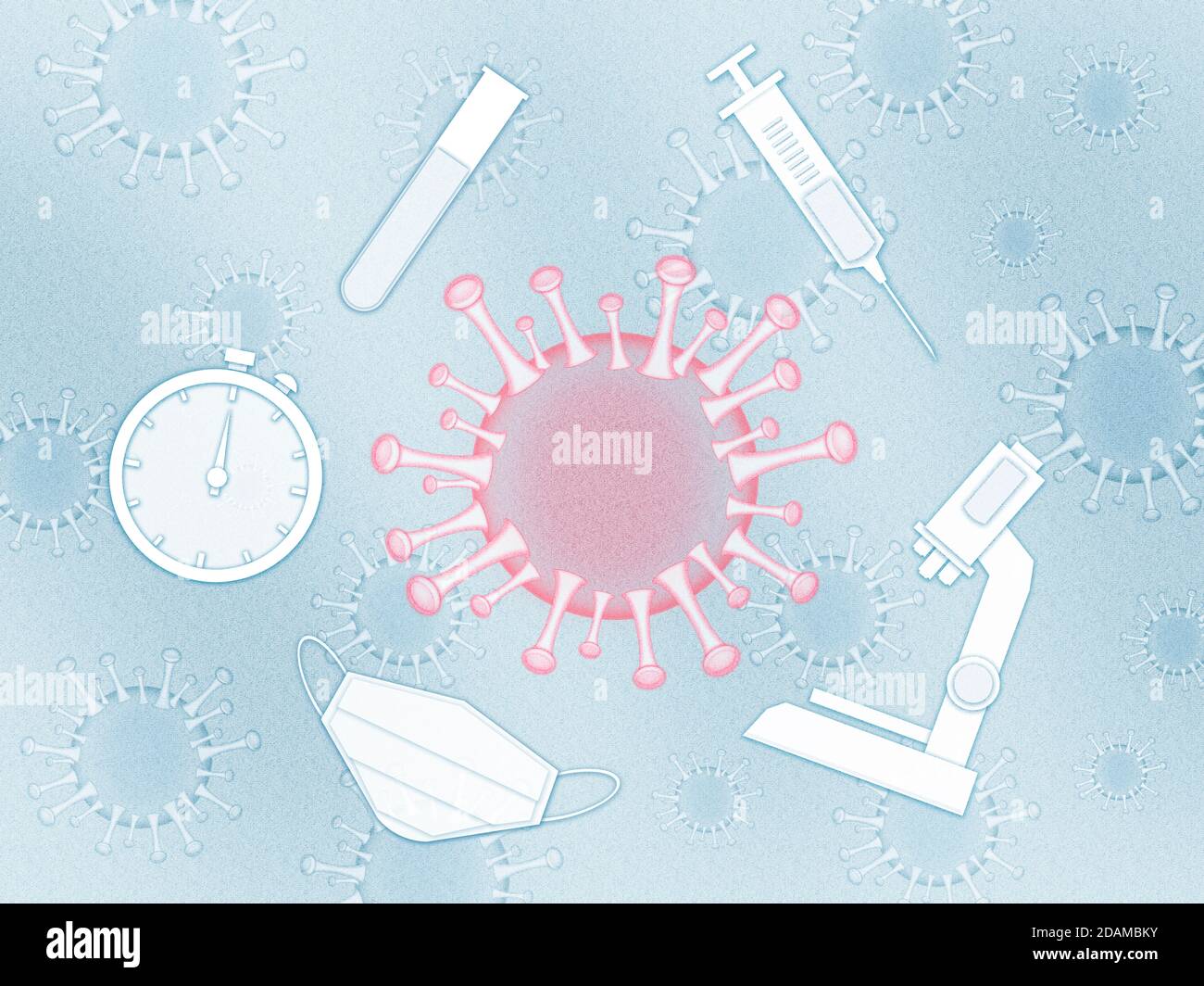 Covid-19 virus surrounded by research symbols, illustration. Stock Photo