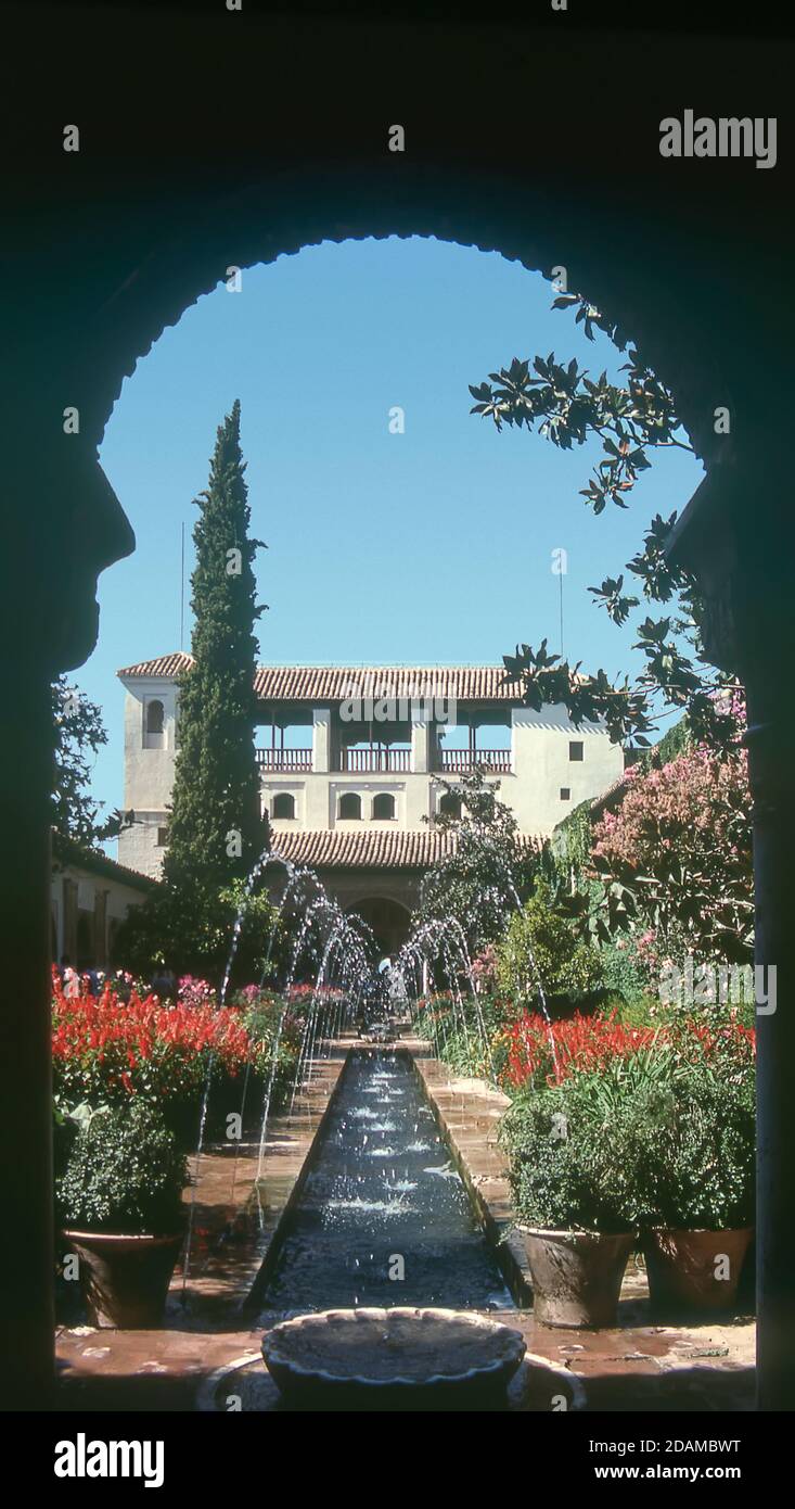 Gardens of the Generalife, summer palace of the Alhambra in the province of Granada, Andalusia, southern Spain, Europe Stock Photo