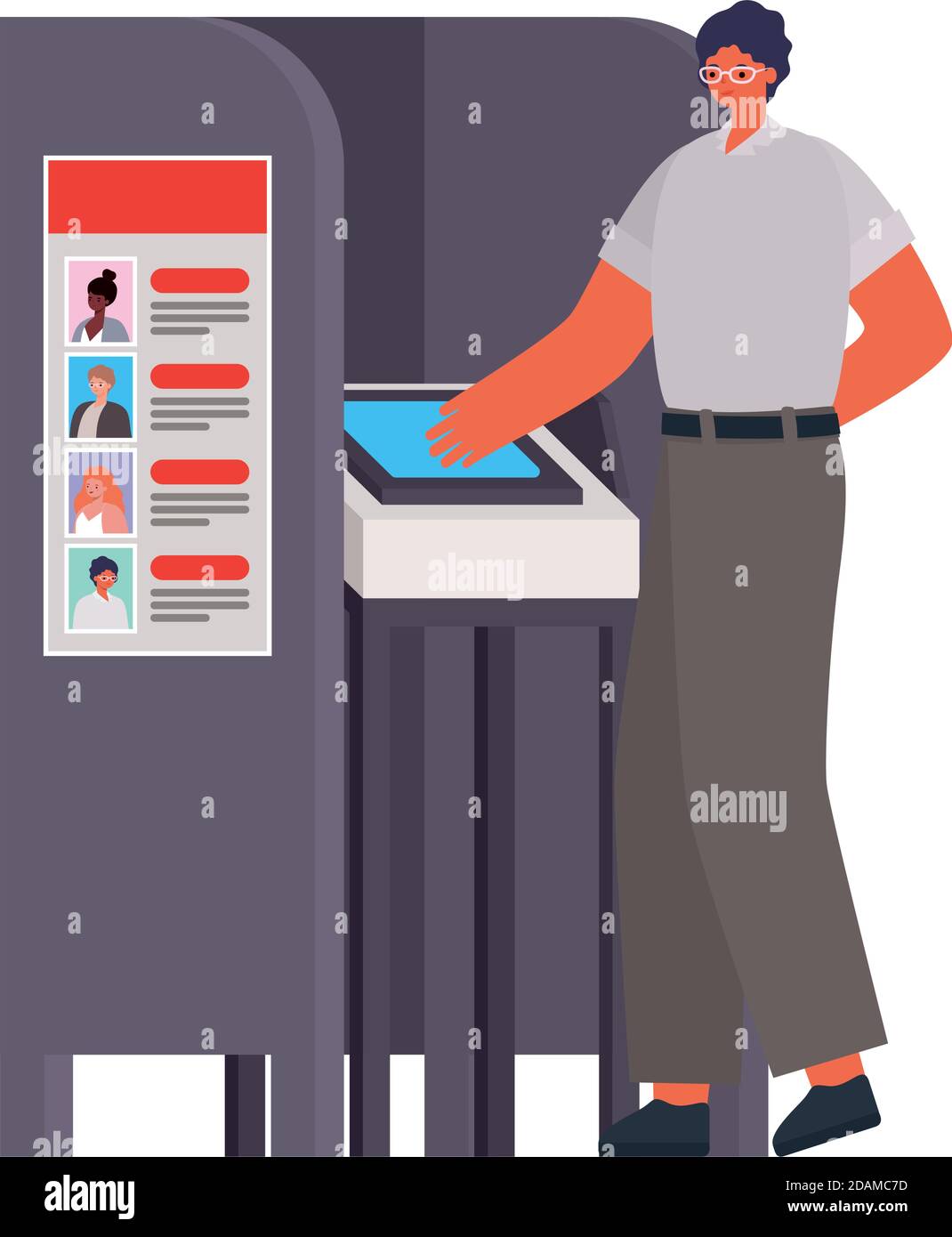 man voting with black hair and whithe shirt in gray voting booth Stock Vector