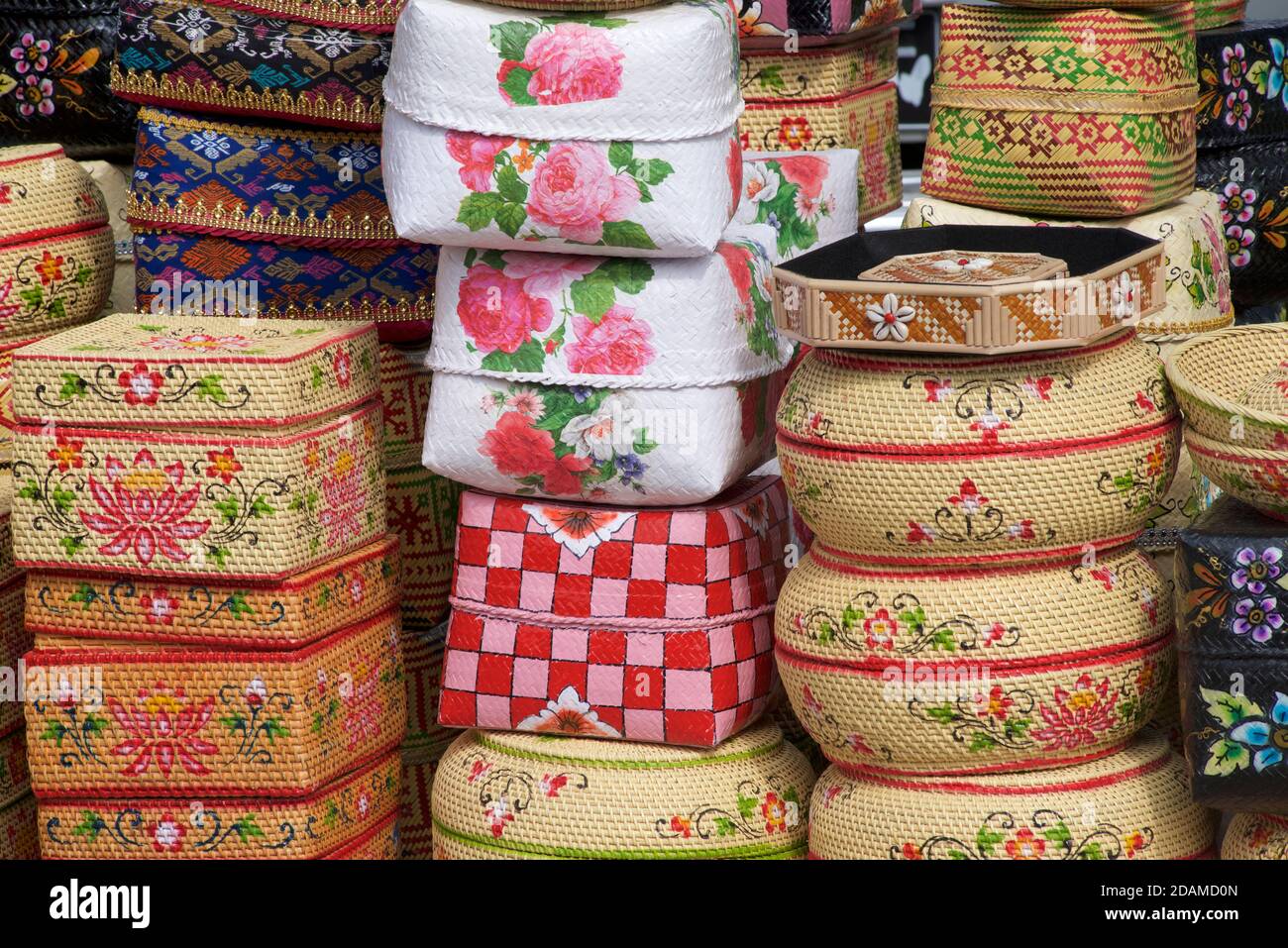 Selection of woven and painted Balinese baskets for carring offerings to  temple. Bali, Indonesia Stock Photo - Alamy