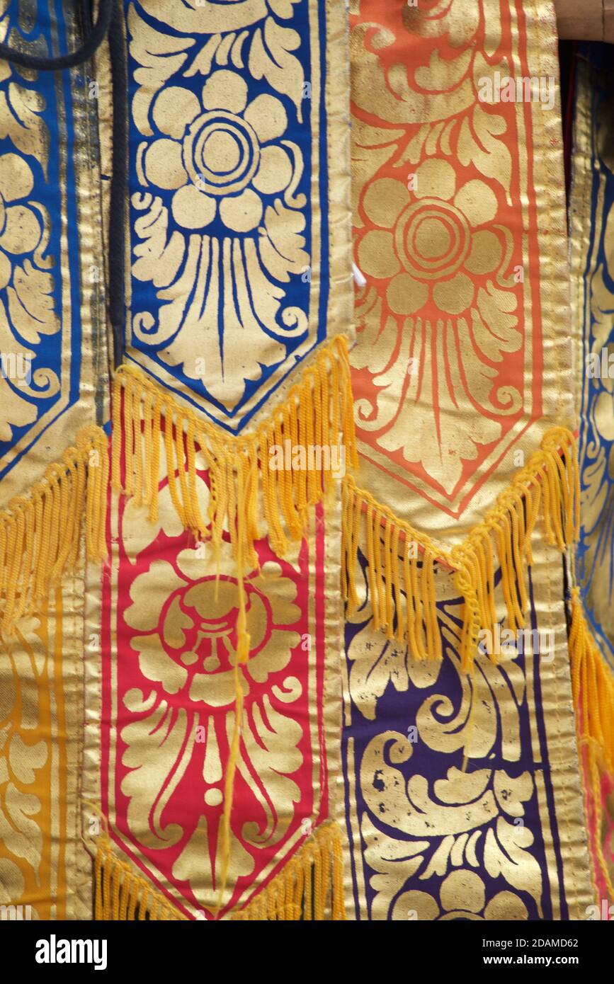 Detail of ceremonial textiles hanging at Sakenan temple, Bali ...