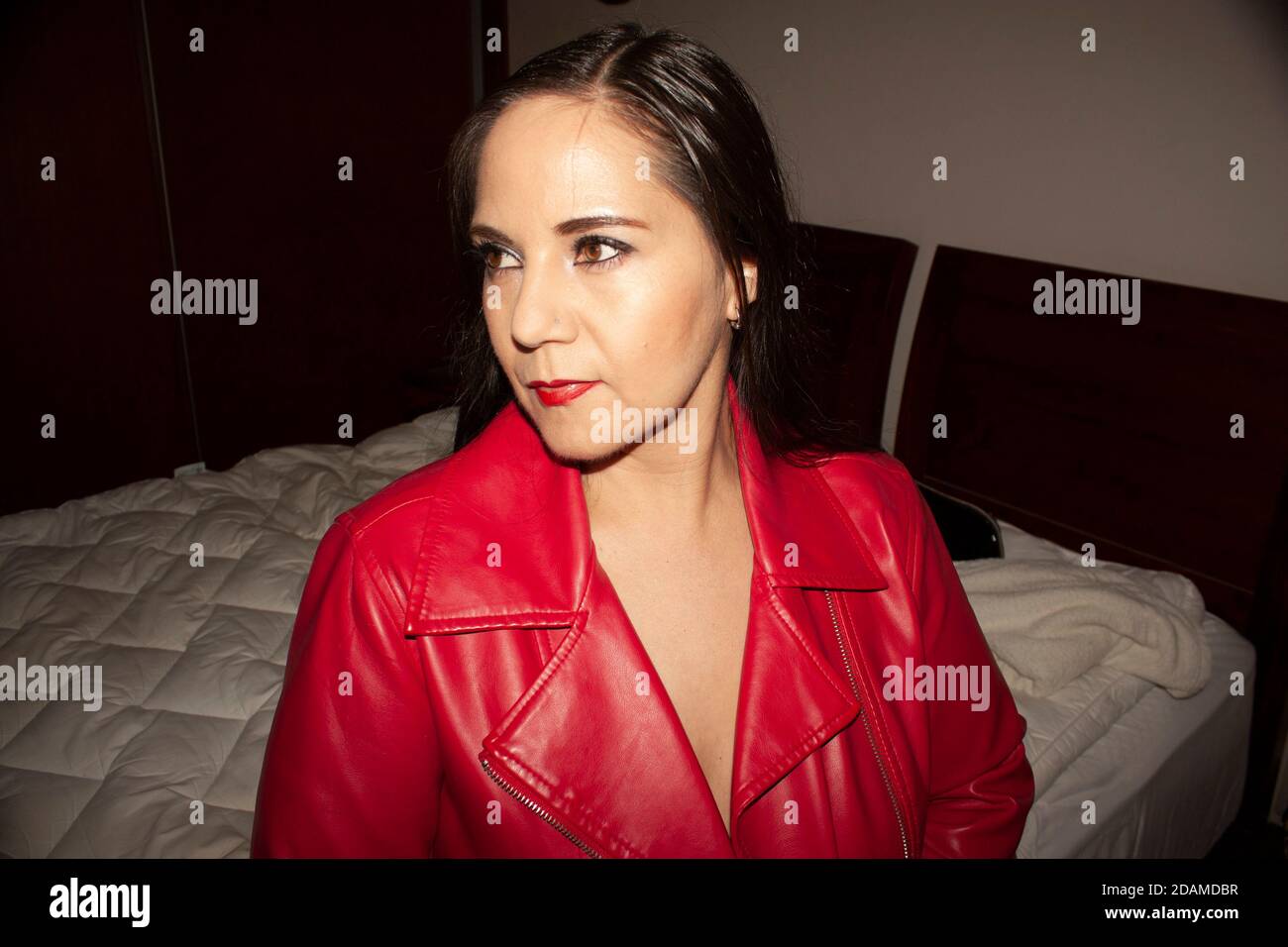 girl in leather jacket portrait of sensual woman honey eyes makeup smokey eyes and red lips