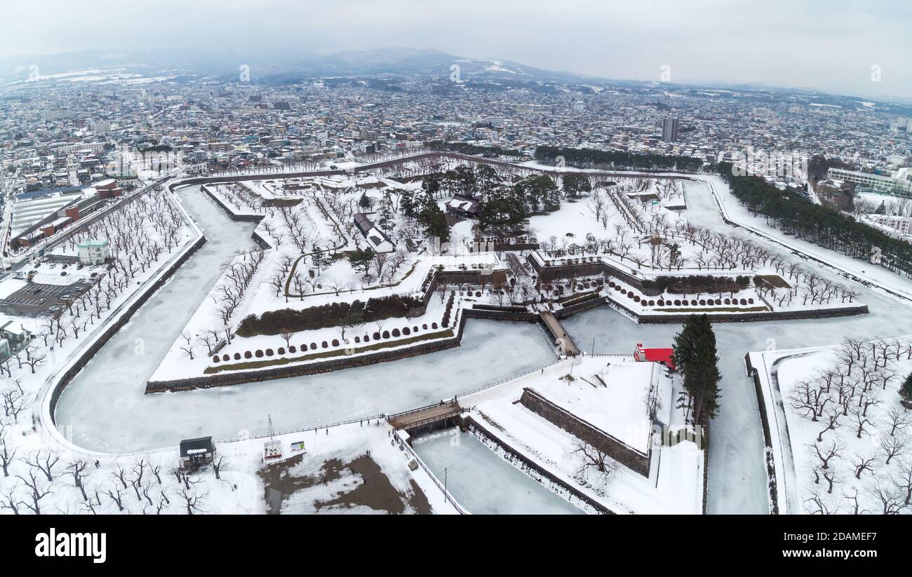 Aerial view of Goryokaku fort Hakodate Hokkaido Japan during winter Stock Photo