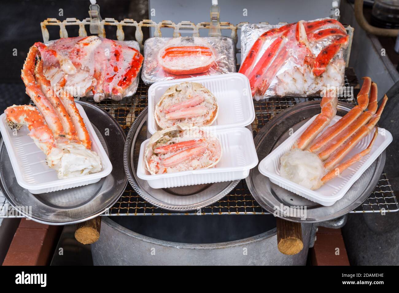 Japanese King Crab retailed at market stall in Hokkaido Japan Stock