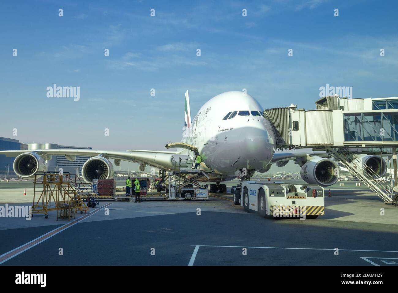 DUBAI, UAE - FEBRUARY 02, 2020: Preparation for departure of Airbus A380-800 on Dubai International Airport Stock Photo