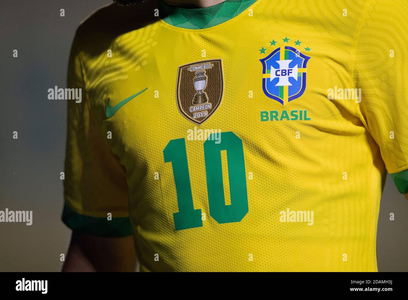 13th November 2020; Morumbi Stadium, Sao Paulo, Sao Paulo, Brazil; World Cup 2022 qualifiers; Brazil versus Venezuela;  Detail of the new shirt of  &#xc9;verton Ribeiro of Brazil Stock Photo