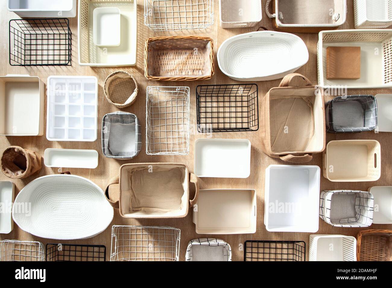 Flat lay of Marie Kondo's storage boxes, containers and baskets with