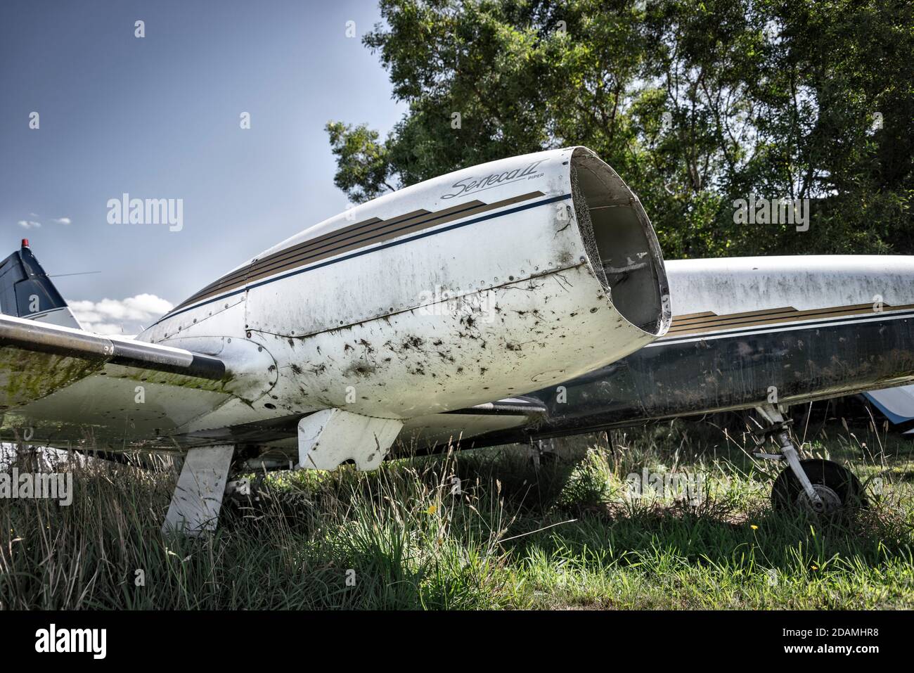 the engine cowling of an old and abandoned twin engine aircraft in a grass field Stock Photo