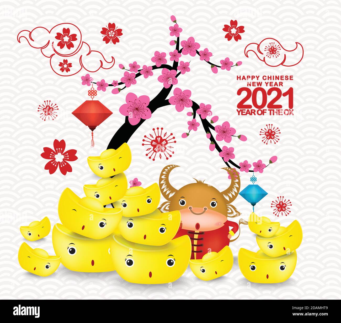 Happy Chinese new year 2021, little ox and chinese gold ingots, the year of the ox zodiac Stock Vector