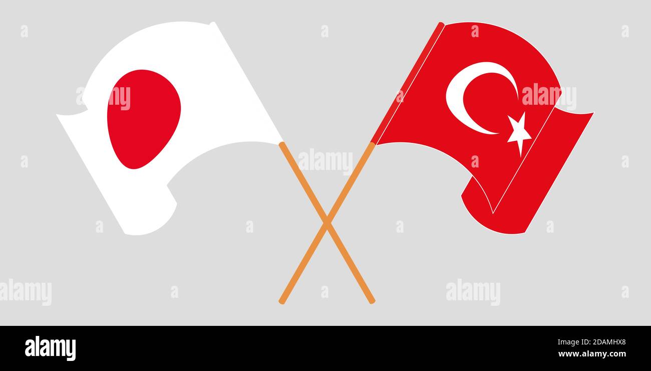 Crossed and waving flags of Turkey and Japan. Vector illustration Stock Vector