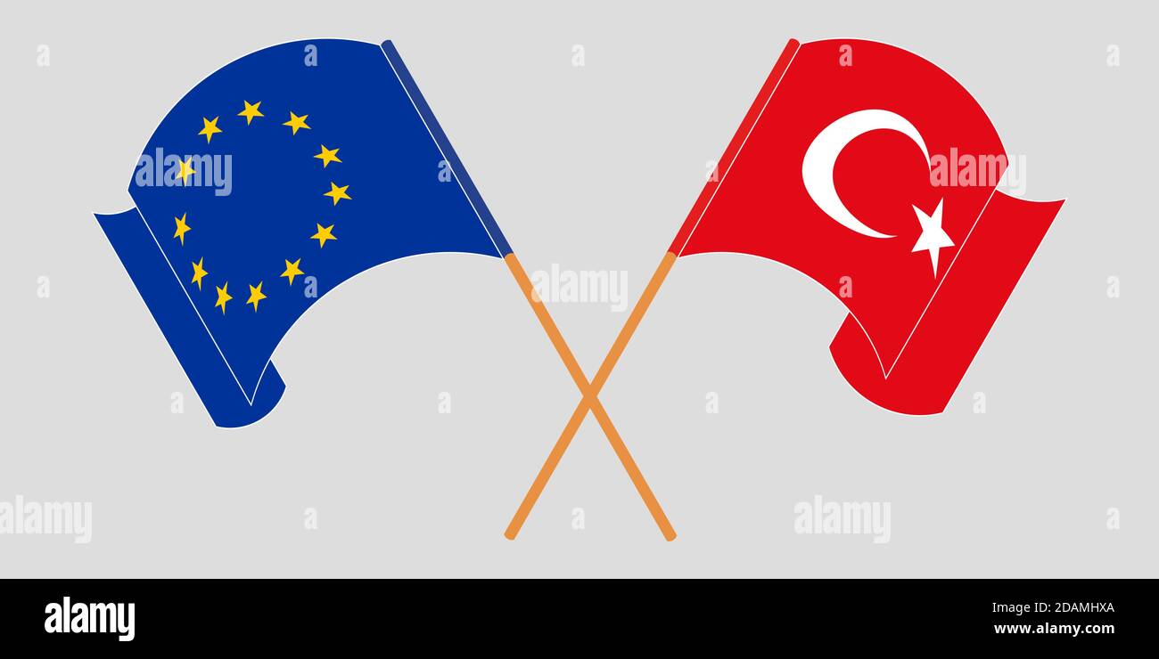 Crossed and waving flags of Turkey and the EU. Vector illustration