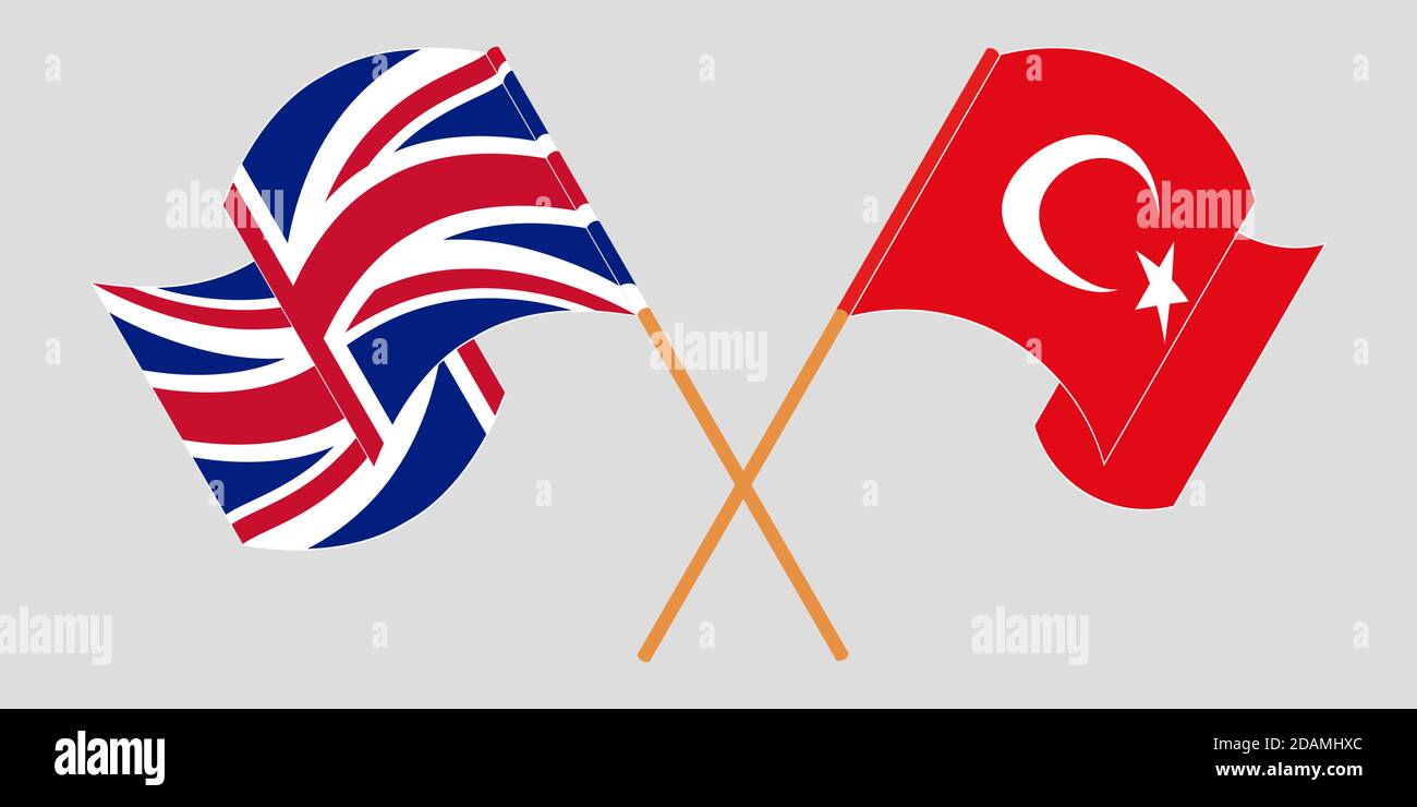 Crossed and waving flags of Turkey and the UK. Vector illustration Stock Vector