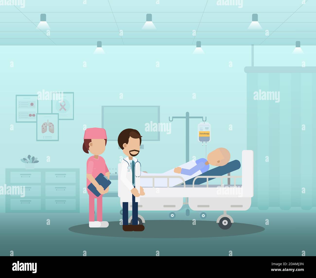 Chemotherapy room with patient and medical staff flat design vector ...