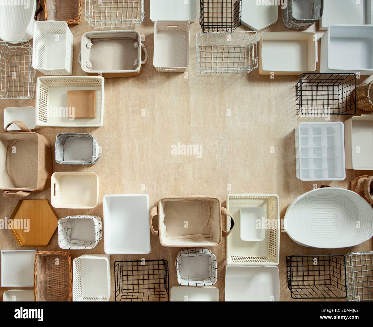 Top view of closet organization boxes and steel wire baskets in
