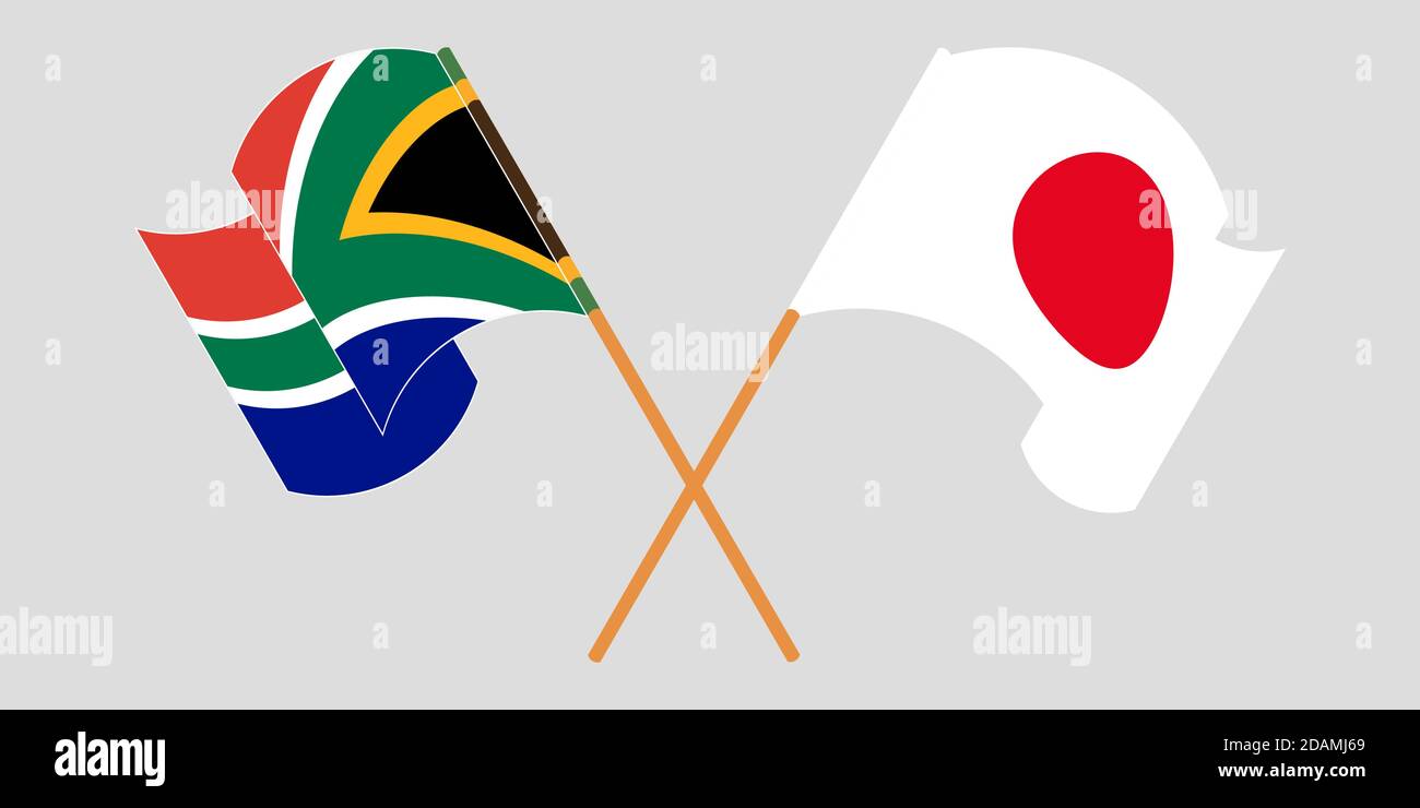 Crossed and waving flags of South Africa and Japan. Vector illustration Stock Vector