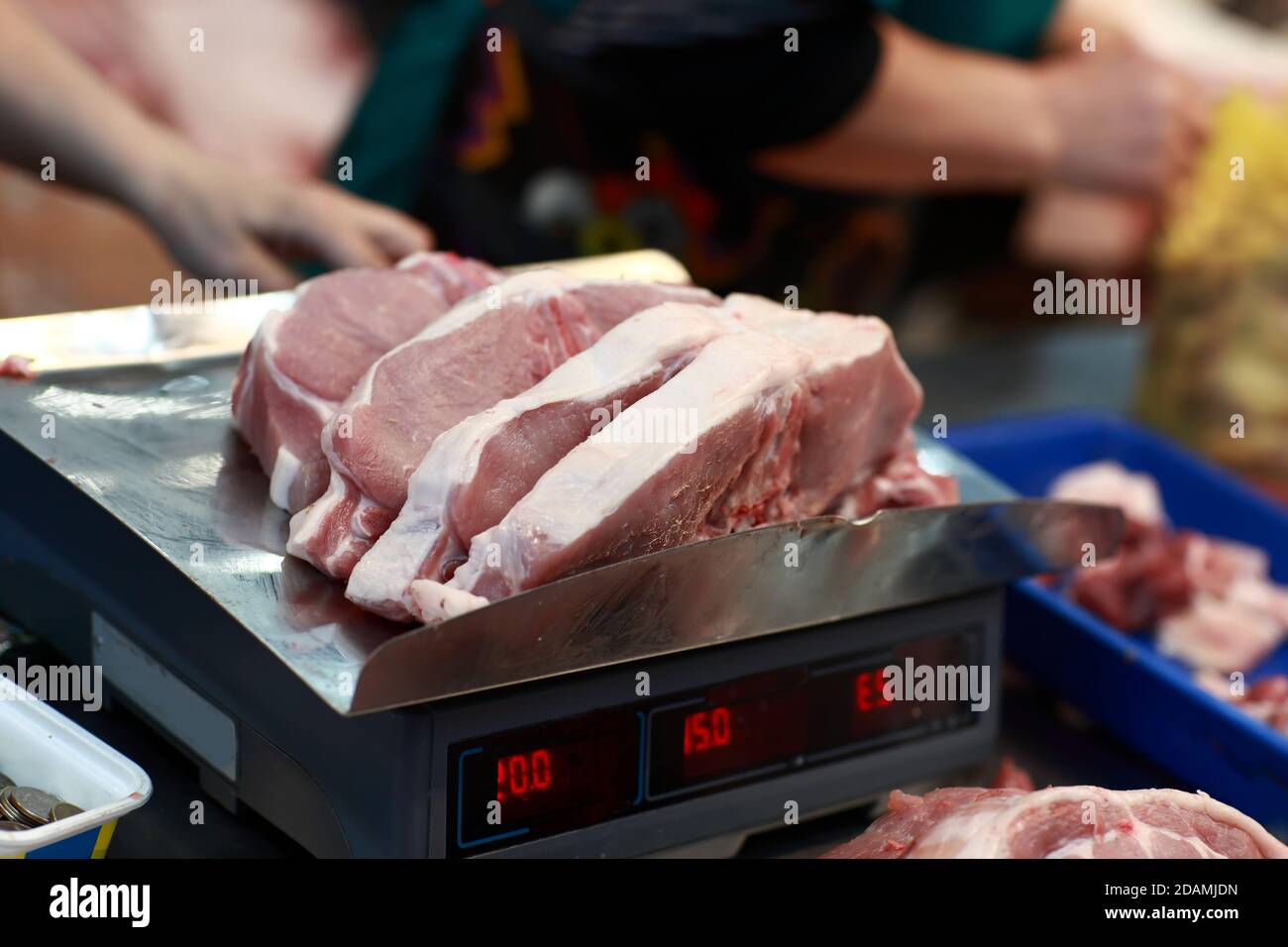Close up of a plate of pork on the weight scale Stock Photo - Alamy
