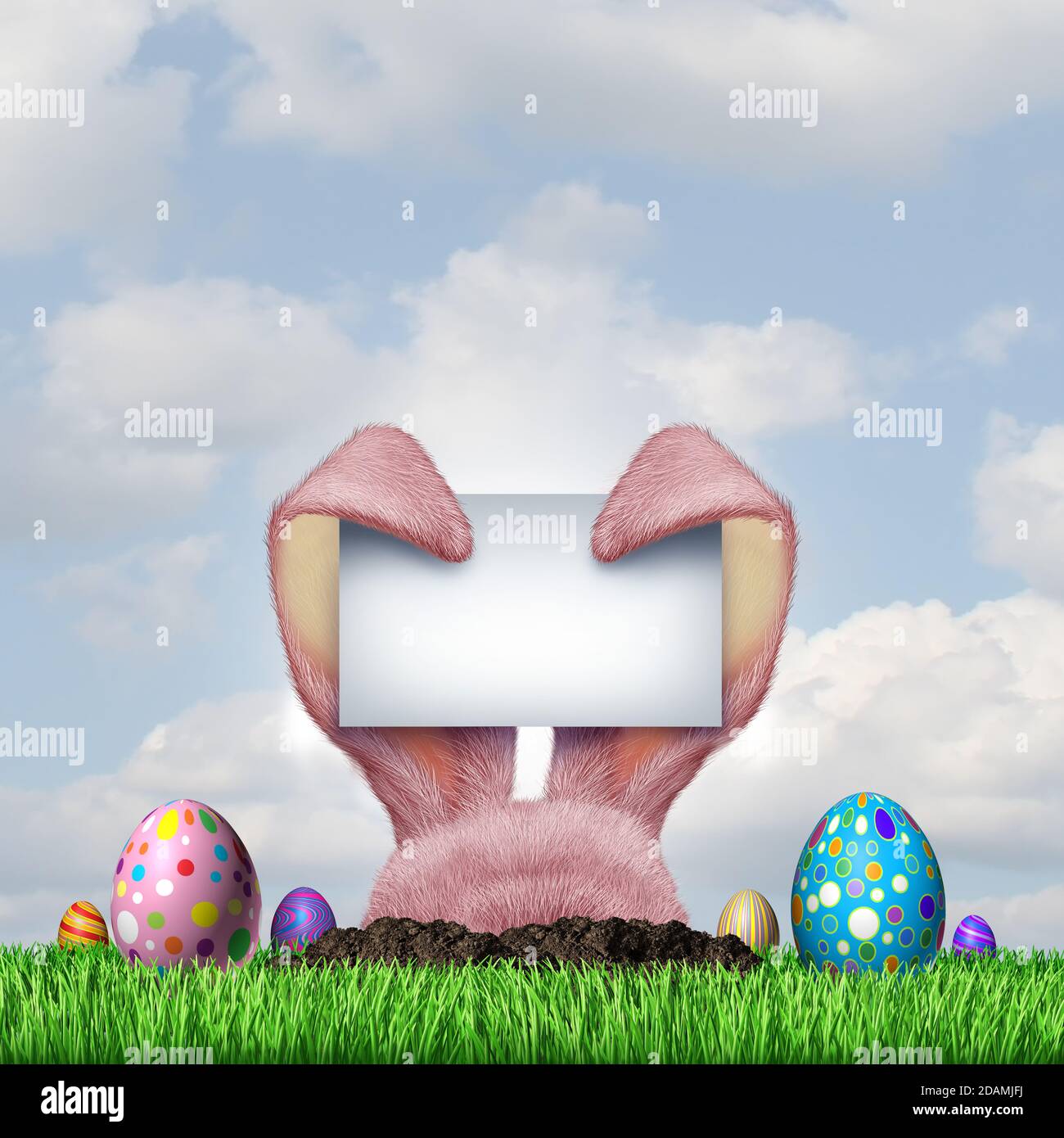 Easter bunny egg hunt blank sign and happy spring holiday as a funny april celebration with decorated eggs on grass. Stock Photo
