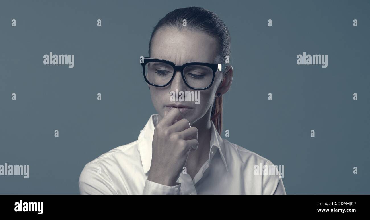 Lady Considering Woman thinking difficult choice hi-res stock photography and images - Alamy
