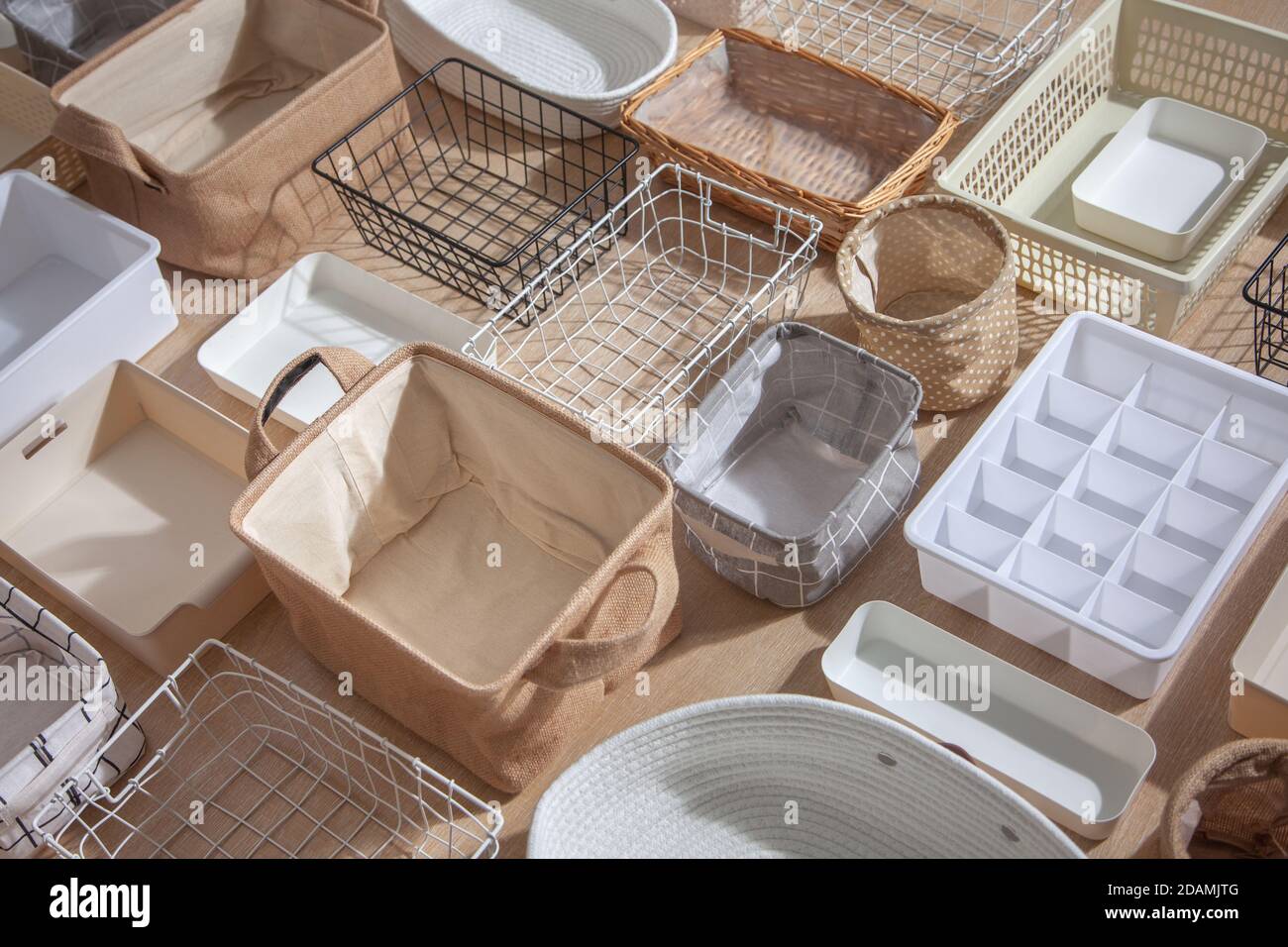 Flat lay of Marie Kondo's storage boxes, containers and baskets with