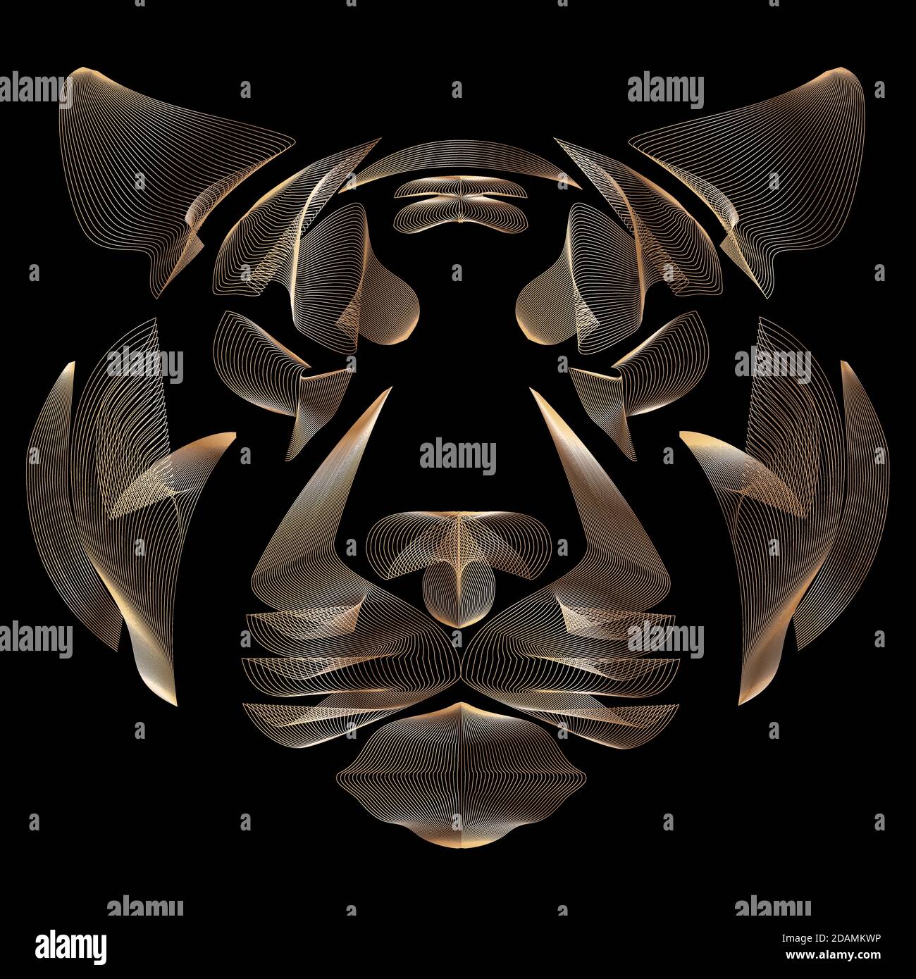 Tiger, tiger head, linear art, golden lines, vector illustration, eps 10 Stock Vector