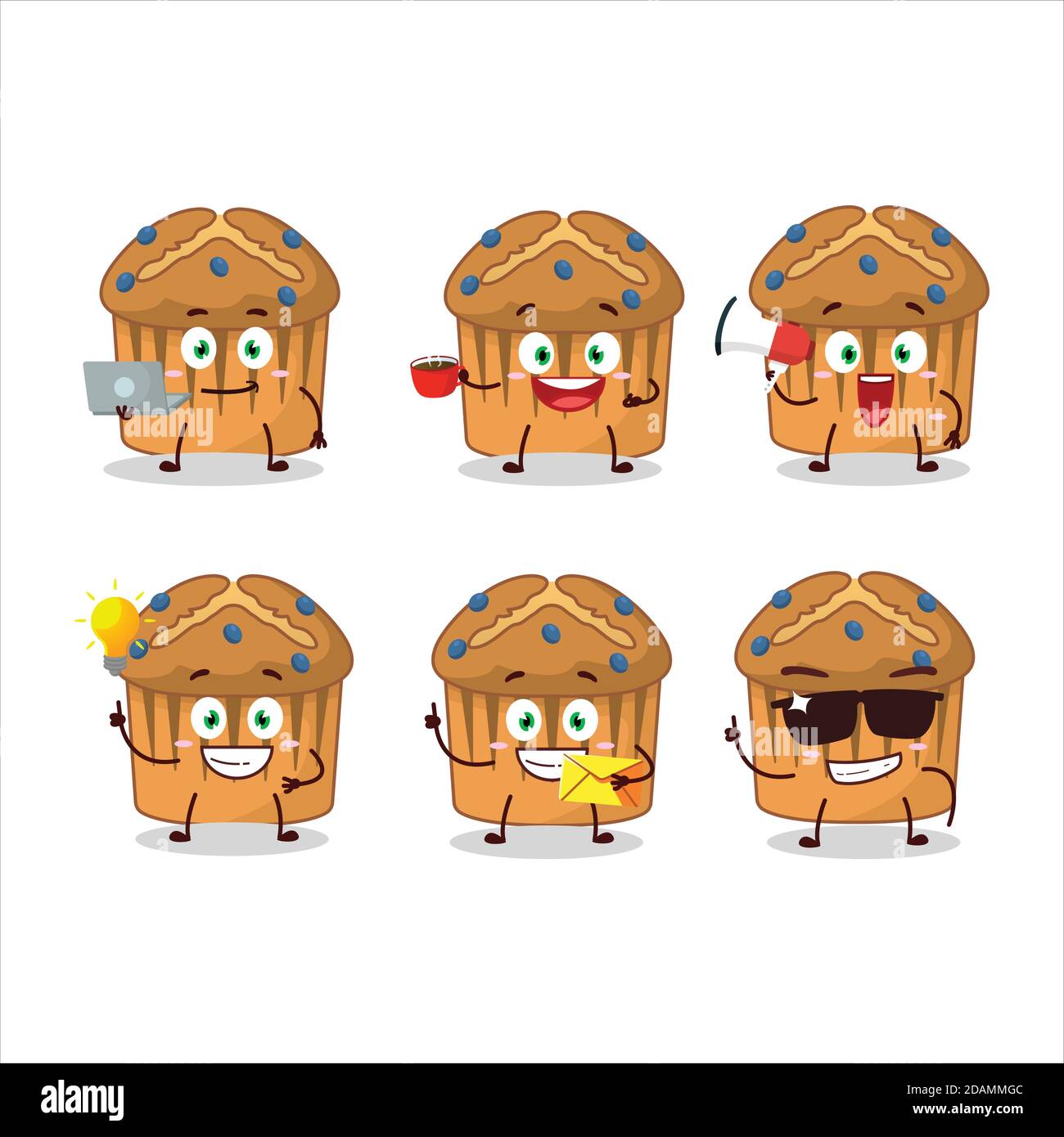 Blueberry muffin cartoon character with various types of business emoticons Stock Vector Image