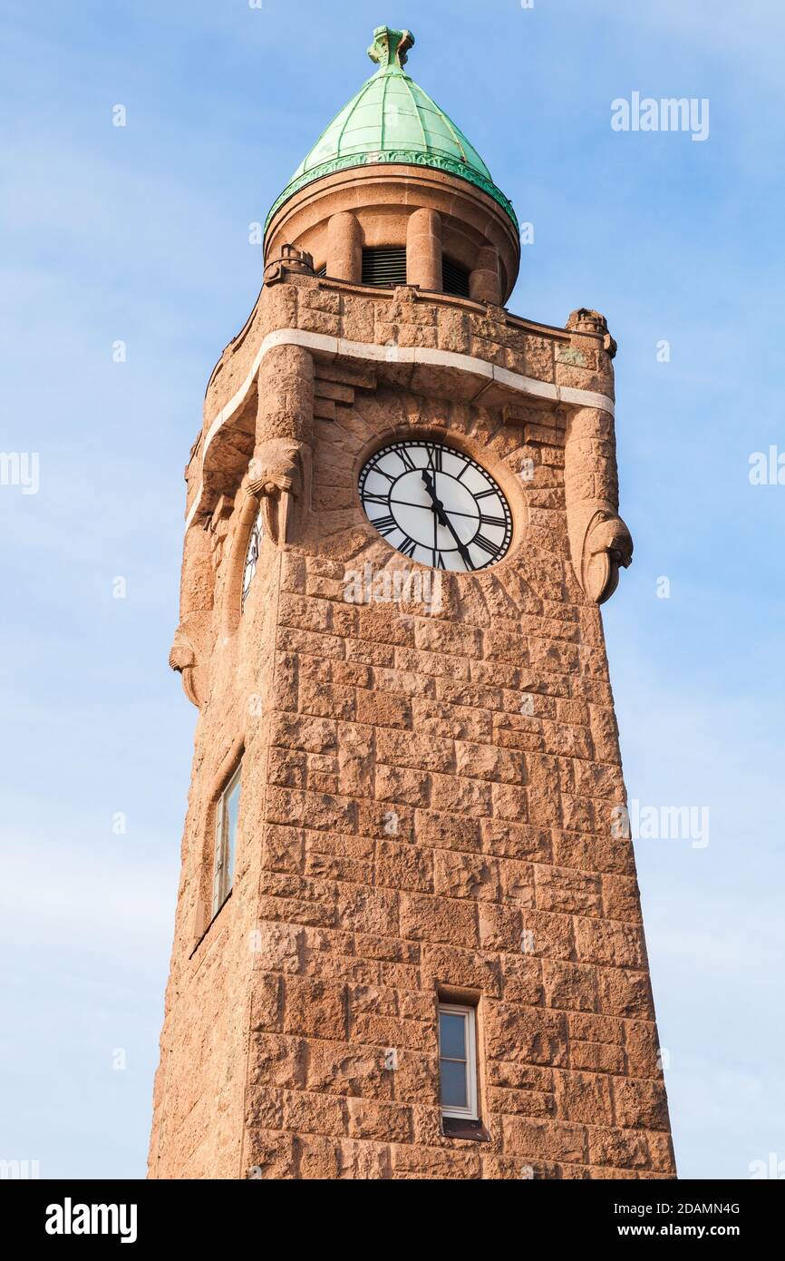 Clocktower at Landungsbruecken. Historical landmark of the Port of Hamburg, Germany Stock Photo