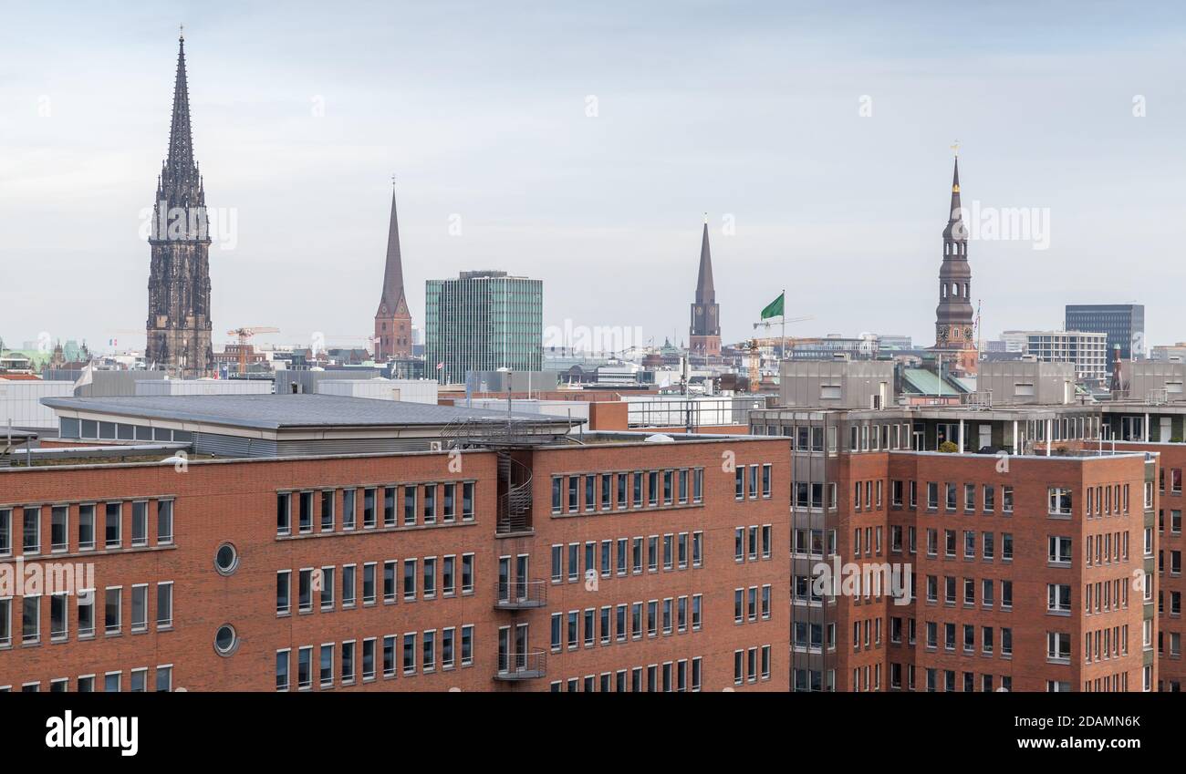 Hamburg, Germany. Skyline with old Gothic Cathedrals spires and modern buildings Stock Photo