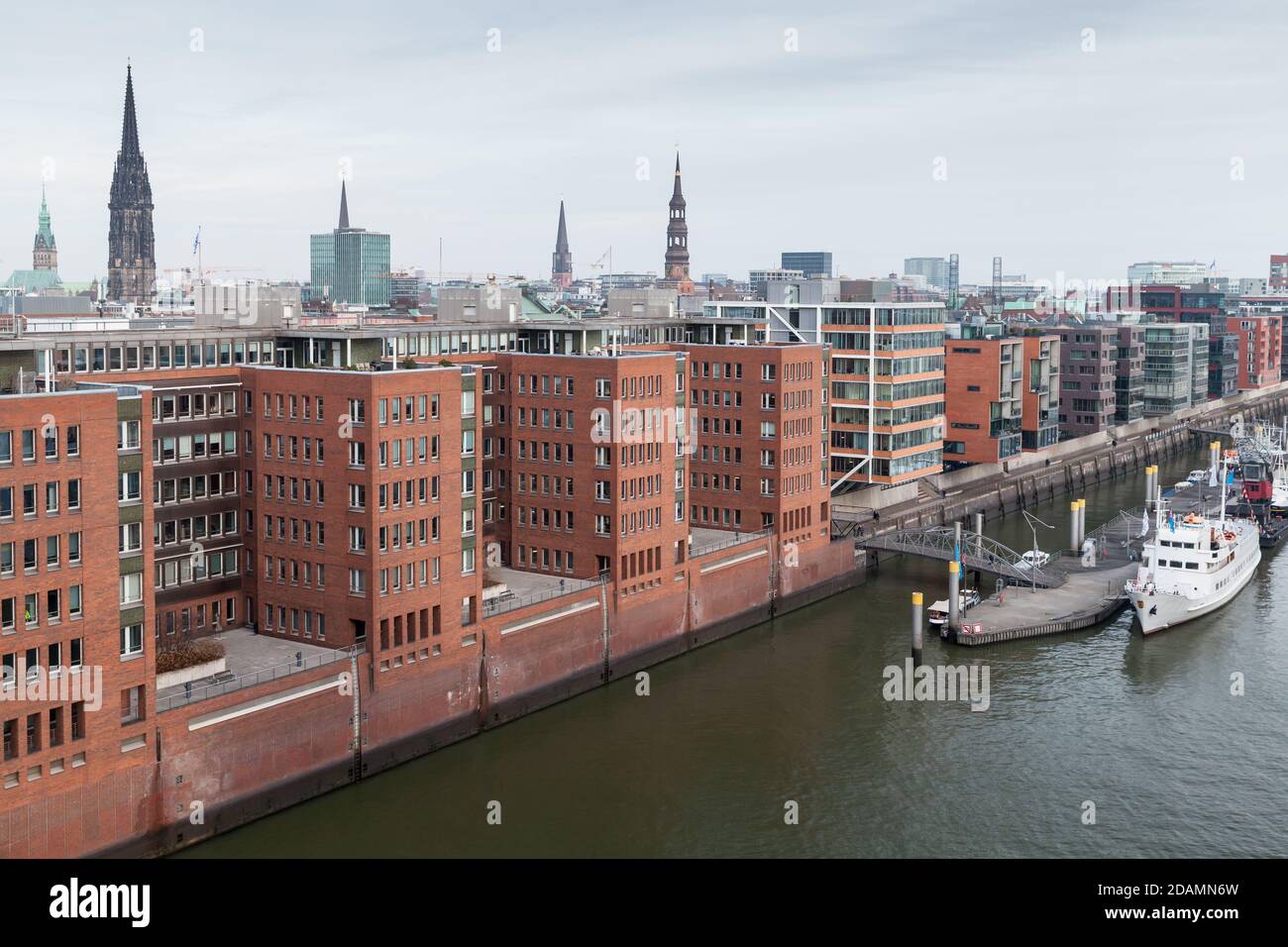 Hamburg, Germany. Aerial view with old Gothic Cathedrals spires and modern buildings Stock Photo