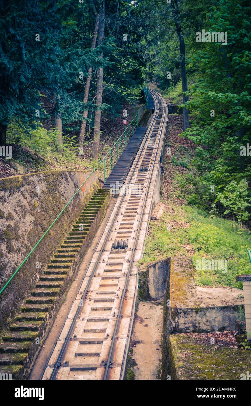 Funicular rails on slope of hill to Diana Observation lookout Tower