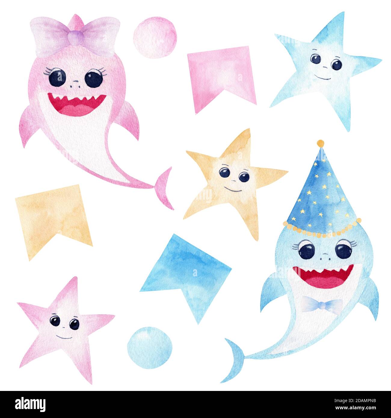 Baby Shark Watercolor Clipart Pink And Blue Smiling Sharks Colorful Starfishes And Party Decorations Isolated On White Background Perfect For Baby Stock Photo Alamy
