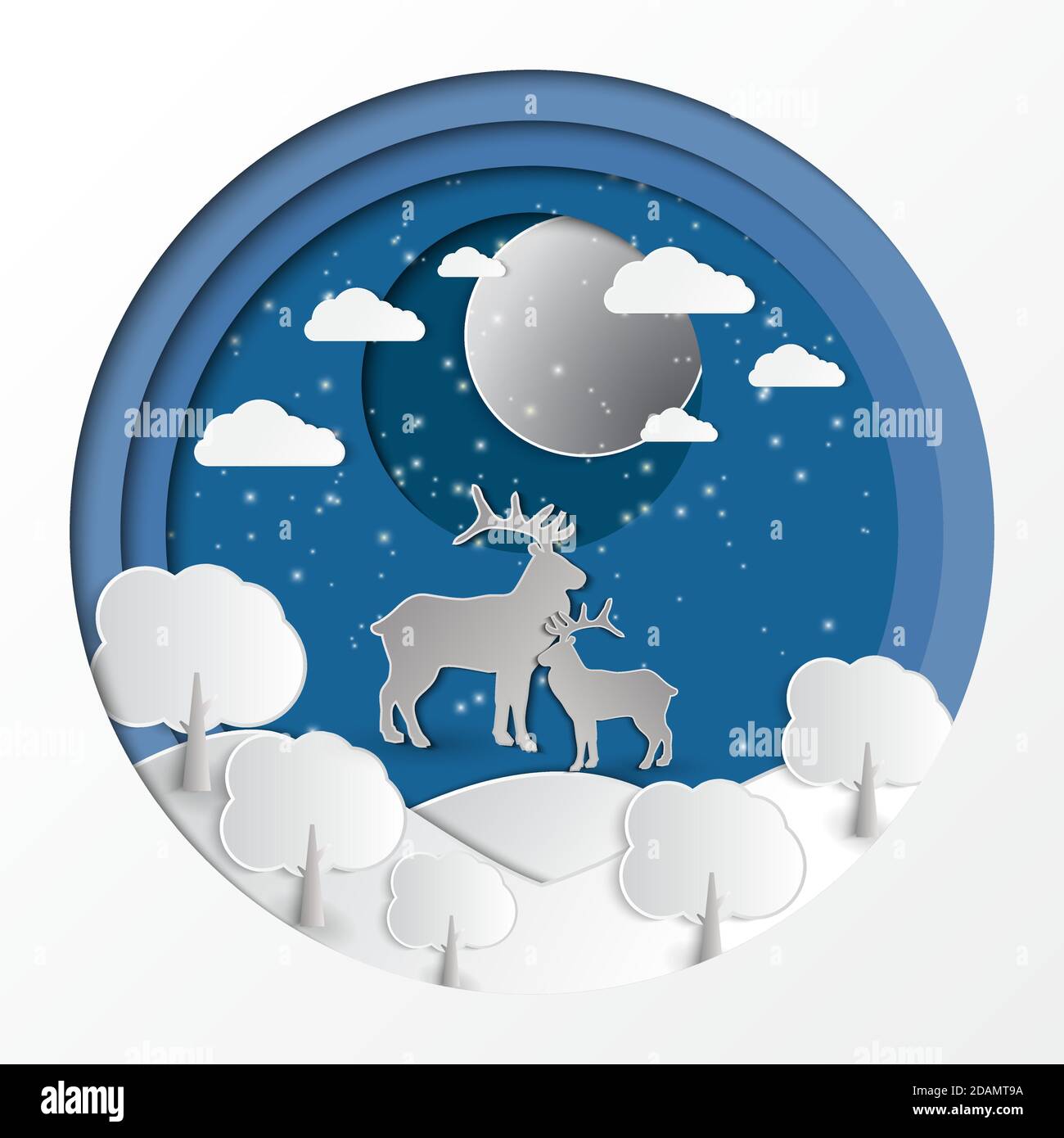 Deer in forest with snow on dark night.White silhouette paper art design on blue sky background.Vector illustration.Eps10 Stock Vector