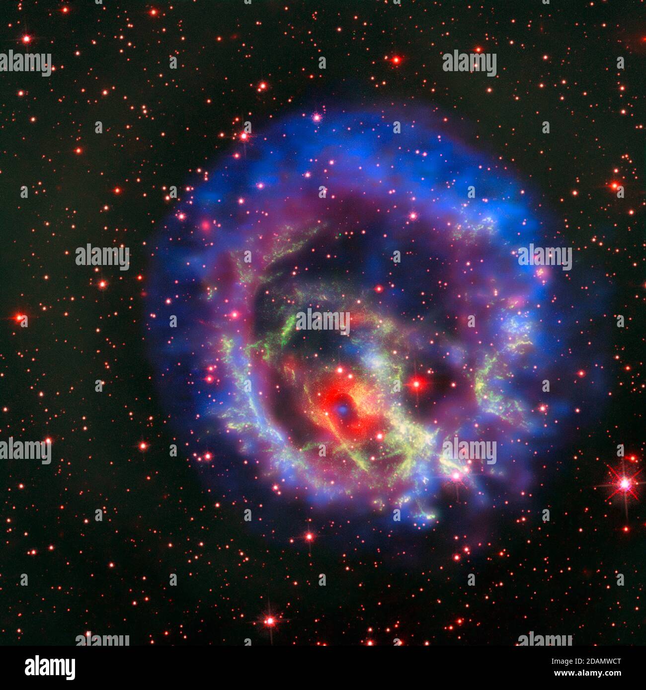 OUTER SPACE - 23 May 2018 - A composite image of the supernova 1E0102.2-7219 contains X-rays from Chandra (blue and purple), visible light data from V Stock Photo