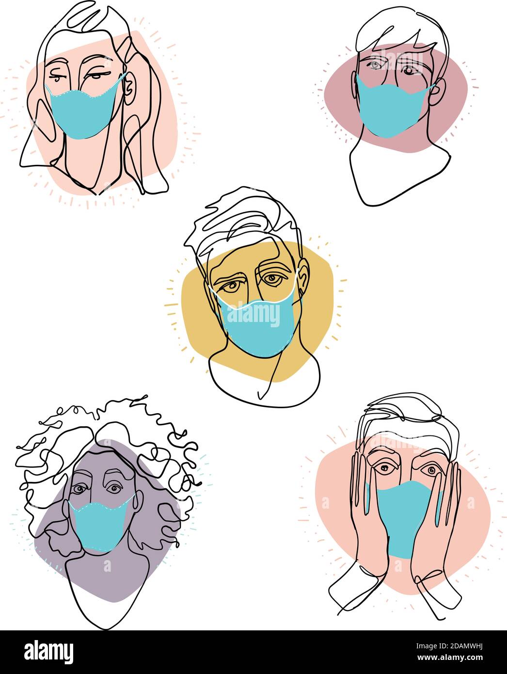 Hand drawn illustration or drawing of human faces with medical masks