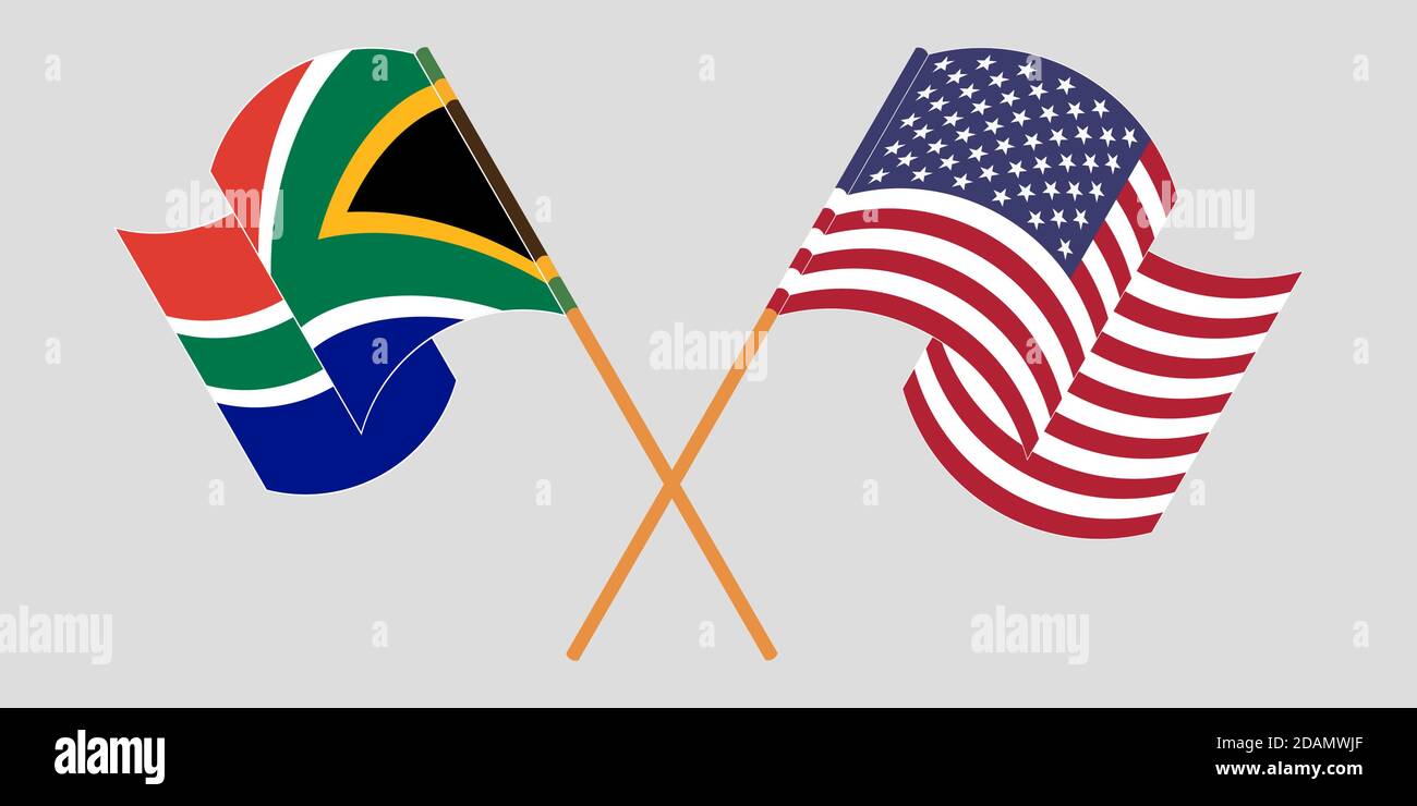 Crossed and waving flags of South Africa and the USA. Vector