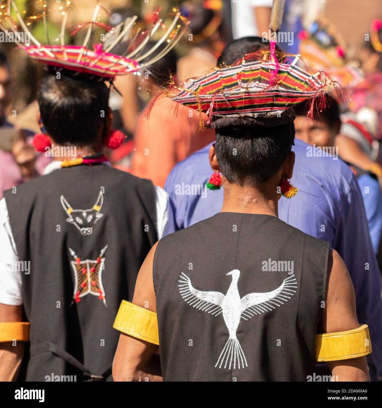 Abstract rear portrait of Naga men wearing traditional headgear made of ...