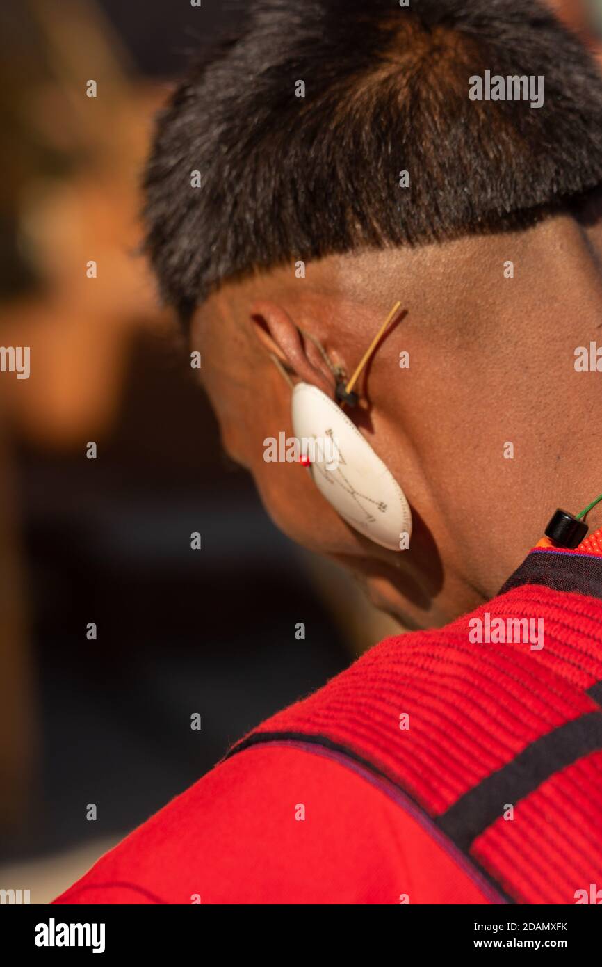 Abstract Portrait of a Naga tribesman dressed in his tribal attire wearing a big white traditional earring at Kisama Nagaland India on 4 December 2016 Stock Photo