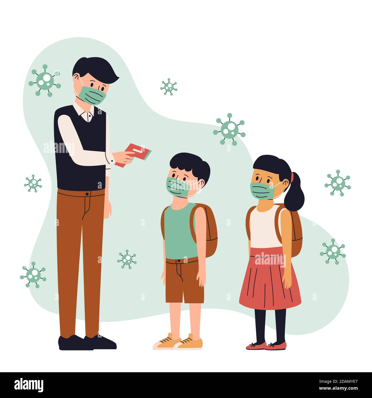 https://c8.alamy.com/comp/2DAMYE7/teacher-checking-children-temperature-vector-illustration-2DAMYE7.jpg