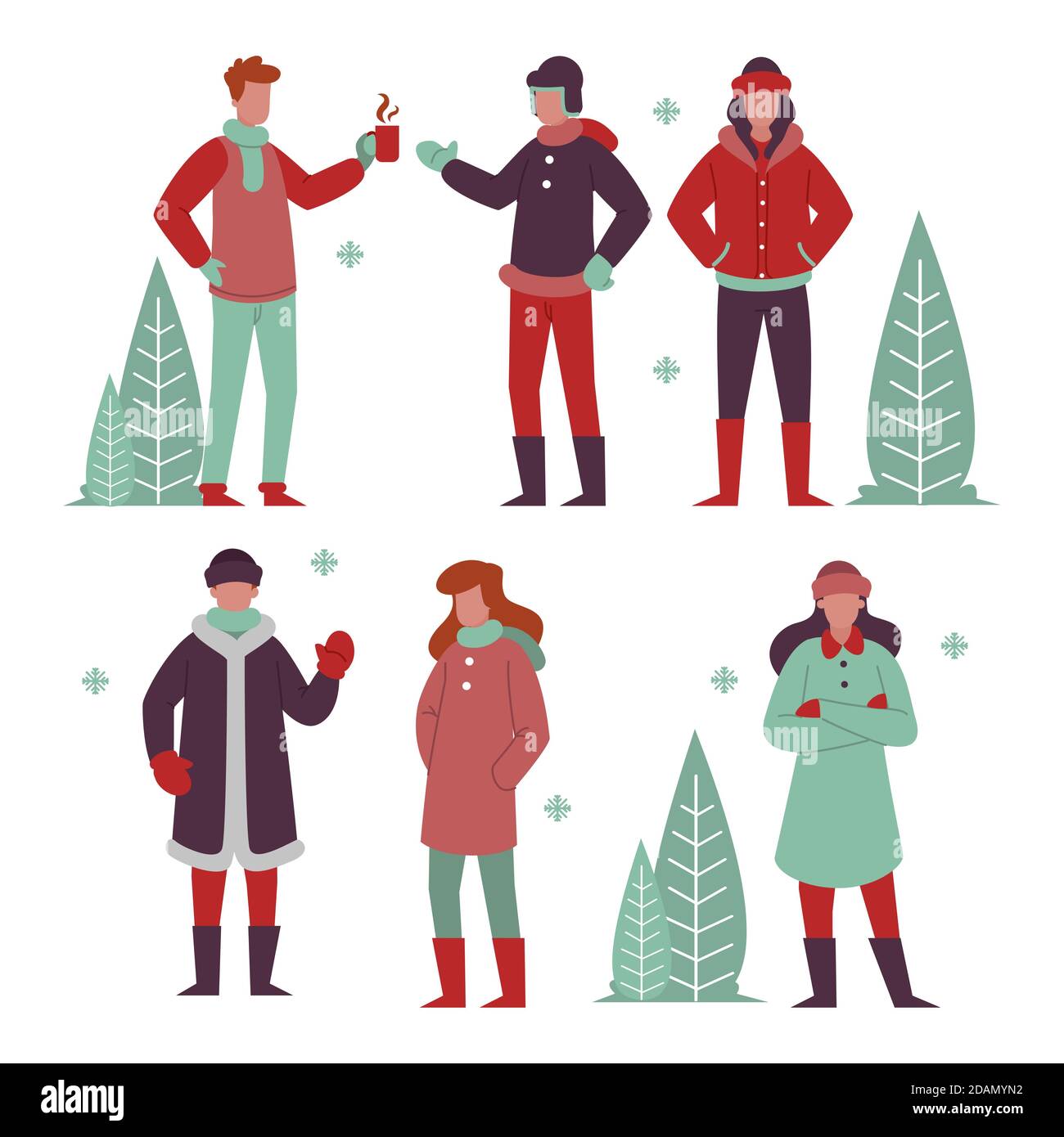 Group of different people in cozy clothes in winter illustration Vector ...