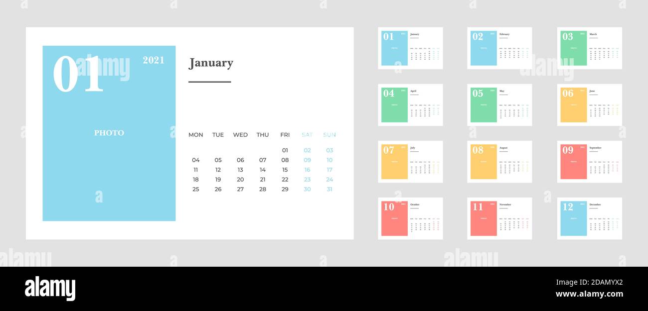 Calendar 2021, Set Desk Calendar template design with Place for Photo and Company Logo. Week Starts on Monday. Set of 12 Months. Stock Vector