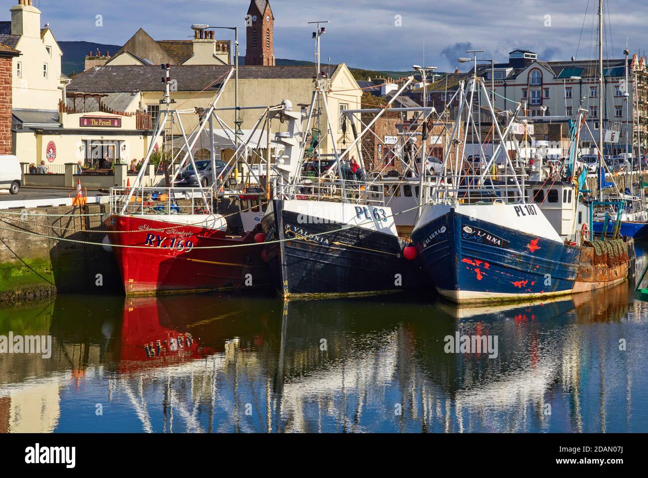 Three Isle of Man fishing boats moored in Peel harbour Stock Photo