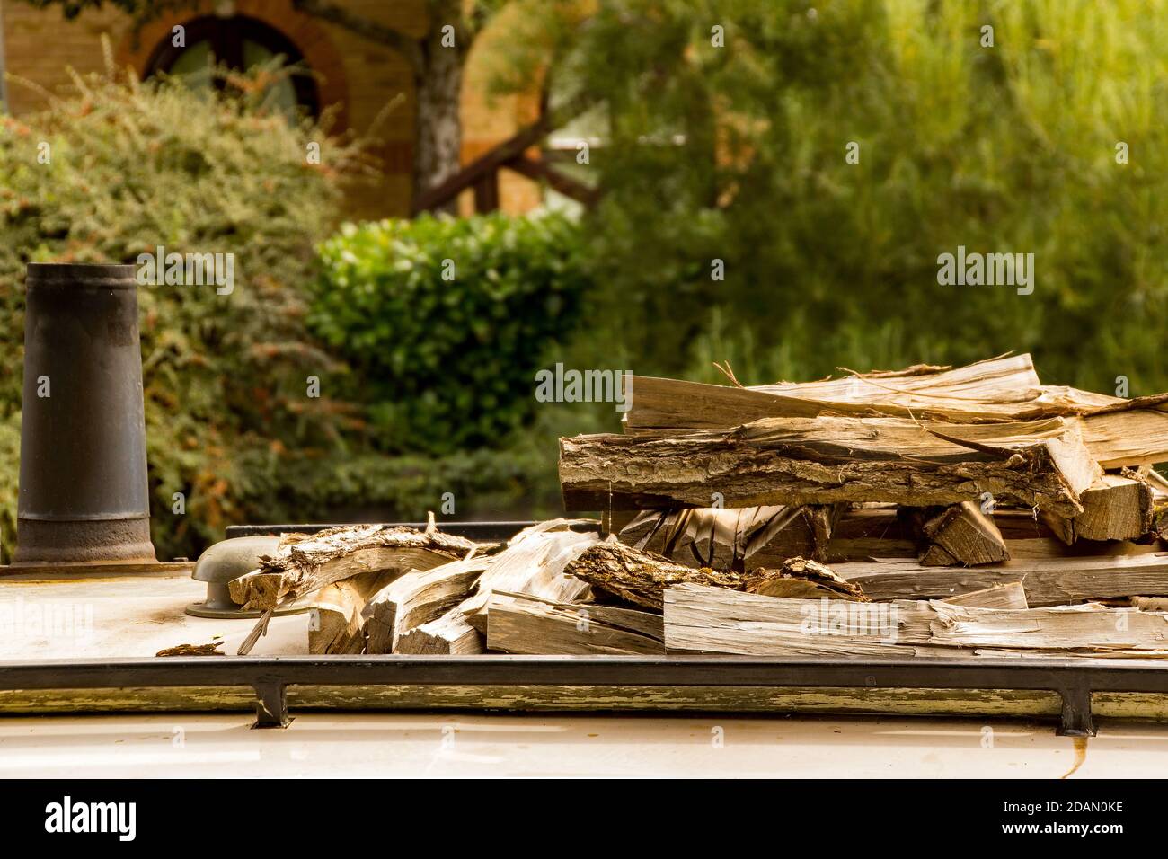 The roof of a canal boat moored on the River Stort near sawbridgeworth Hertfordshire. Stock Photo