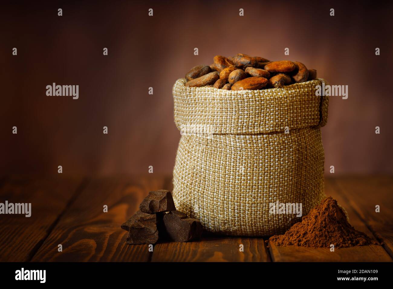 cacao beans in sack Stock Photo