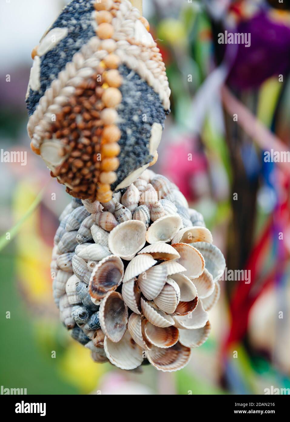 Easter holiday. Festival of Easter Eggs. Beautiful multicolored easter eggs made of shells Stock Photo