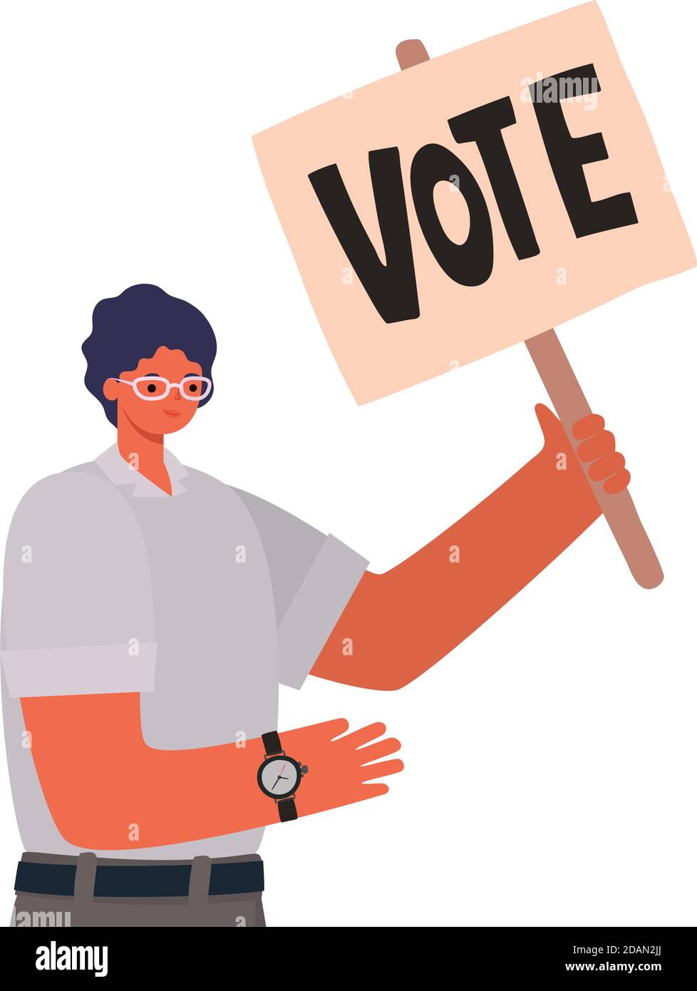 man with black hair, whithe shirt and a poster vote Stock Vector